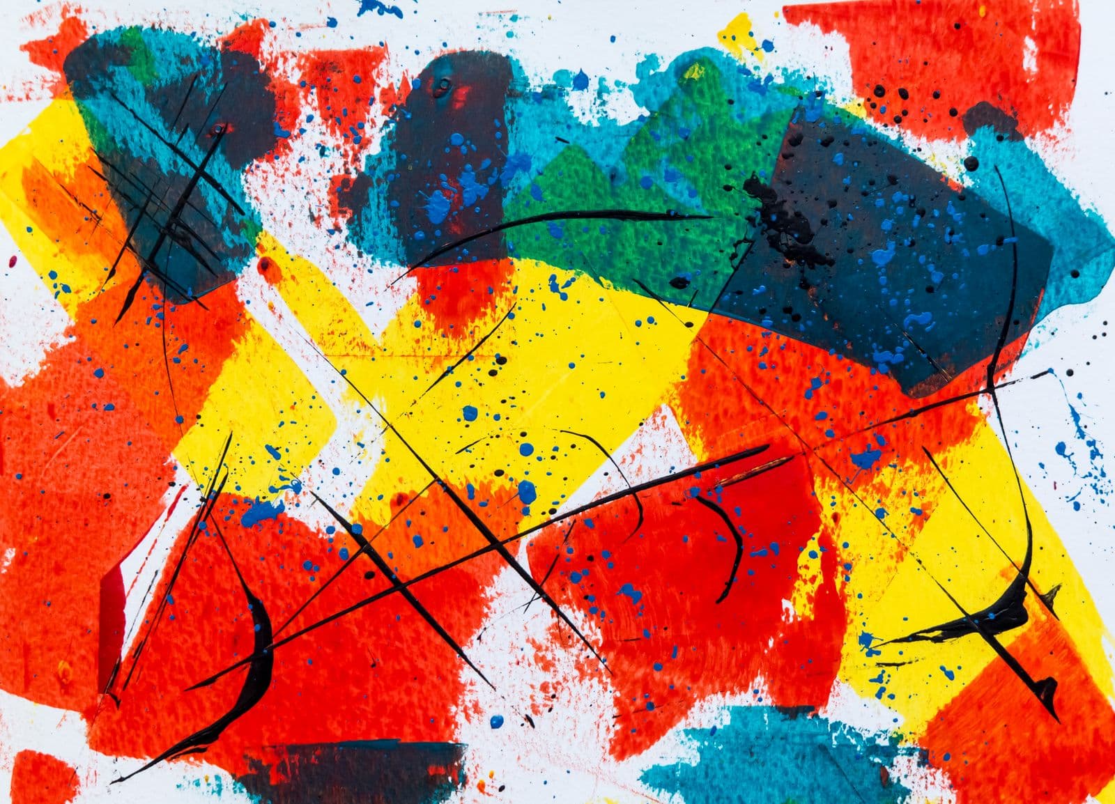 An abstract painting in blue, white, yellow, and red.